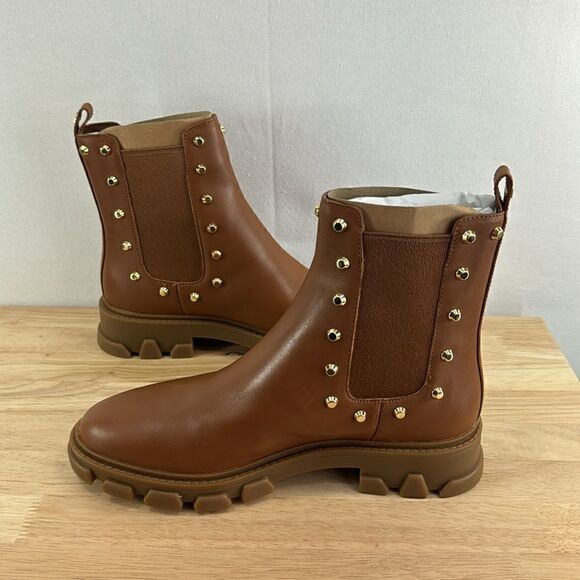 Michael Kors Ridley Studded Leather Gore Lug Sole Booties- Luggage- Size 7.5 M- - Picture 4 of 7